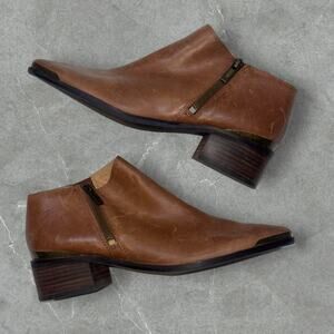 Lucky Brand Brown Leather Short Booties Boots Chunky Stacked Heel Women 7 Toffee